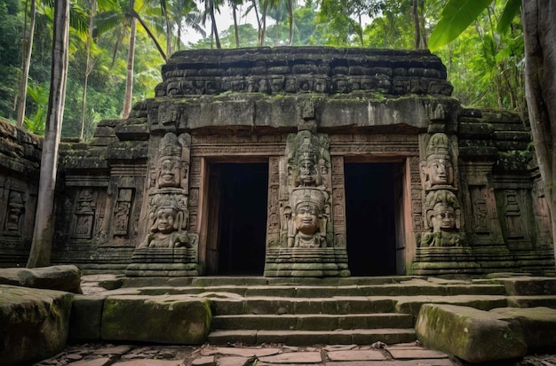 Foto ein alter tempel in einem dichten dschungel