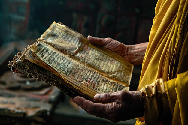 Ein alter tibetischer buddhistischer Text in den Händen eines Brahmanenmönchs