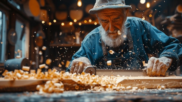 Foto ein alter tischlermeister arbeitet an seinem holzwerk