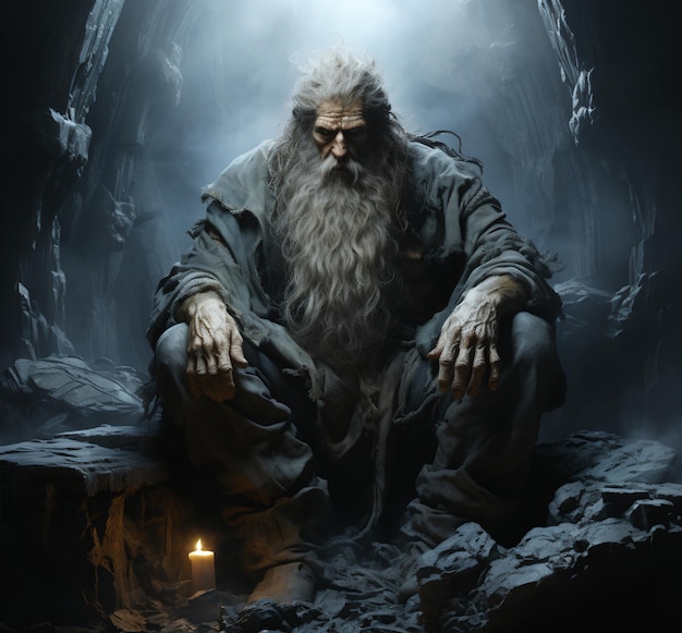 Ein alter Zauberer sitzt auf einem Felsen in einer dunklen Höhle