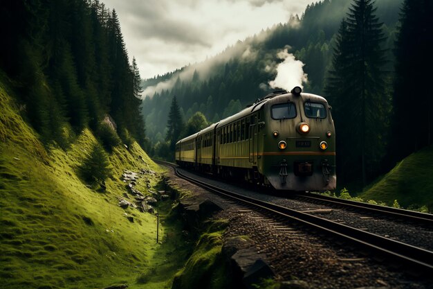 Ein alter Zug in den Karpaten. Ein Zug mitten im Wald und in den Bergen. KI-generiert