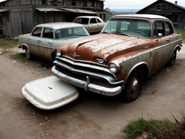 Ein altes Auto in einer Postapokalypse-Welt