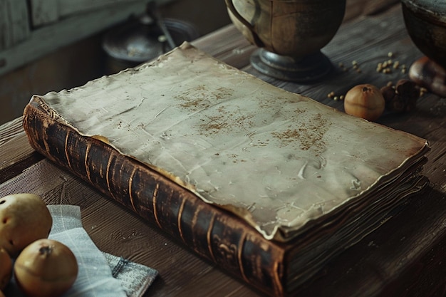 ein altes Buch mit einem braunen Cover und einem weißen Tuch darüber