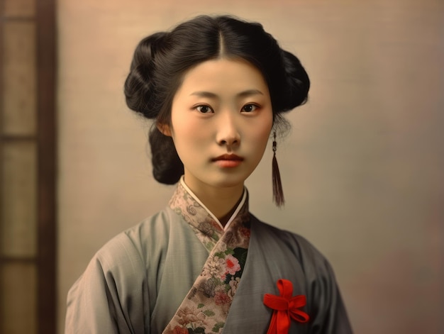 Ein altes Farbfoto einer asiatischen Frau aus dem frühen 20. Jahrhundert