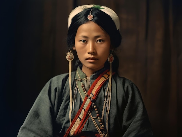 Ein altes Farbfoto einer asiatischen Frau aus dem frühen 20. Jahrhundert