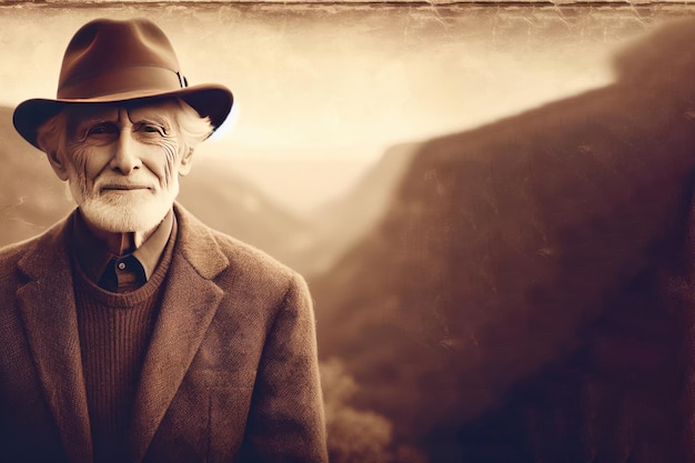 Ein altes Foto eines alten Mannes mit Hut, Platz für Text