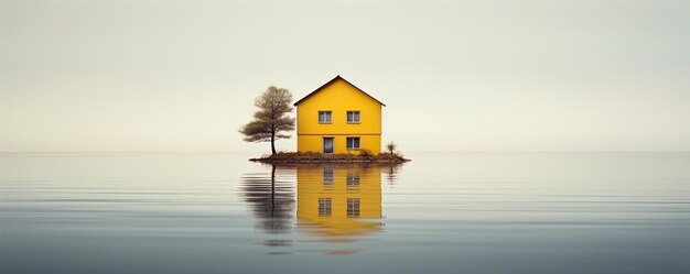 Ein altes gelbes Haus am Rande eines Sees oder eines Wasserpanoramabilds