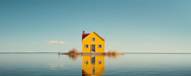 Ein altes gelbes Haus am Rande eines Sees oder eines Wasserpanoramabilds