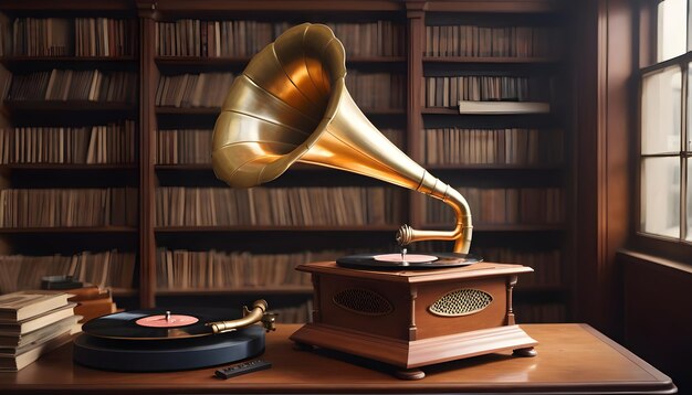 Foto ein altes grammophon mit einem messinghorn, das von regalen mit vinylplatten umgeben ist