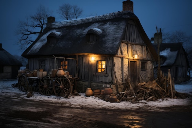 ein altes Haus mit einem Strohdach bei Nacht