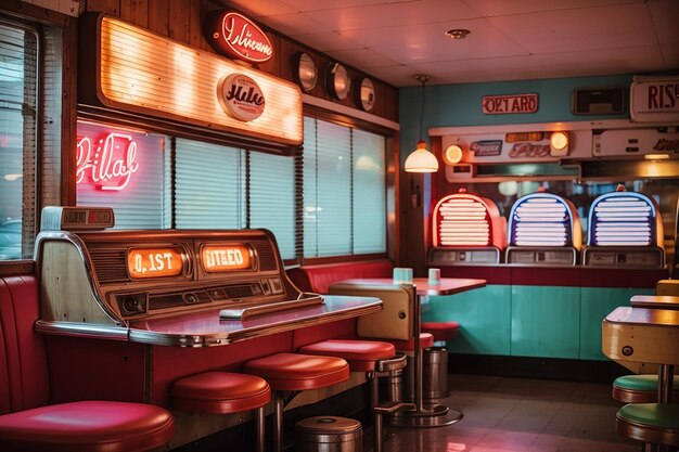 Foto ein altes holzbrett in einem retro-diner mit klassischen jukeboxen und neonlichtern