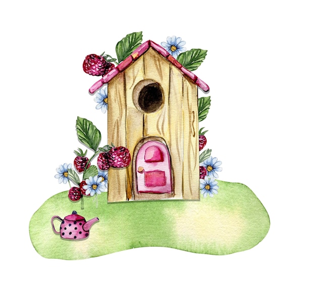 Ein altes Holzhaus mit Blumenkomposition Ein altes rostiges Emailleelement