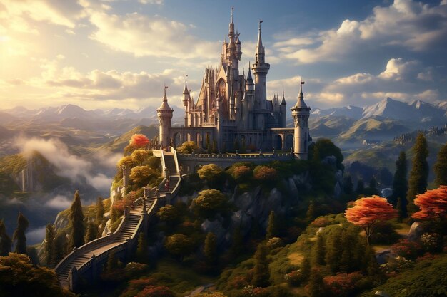 Ein altes Märchenschloss auf einem Hügel Fantasy Illustration Generative Ai