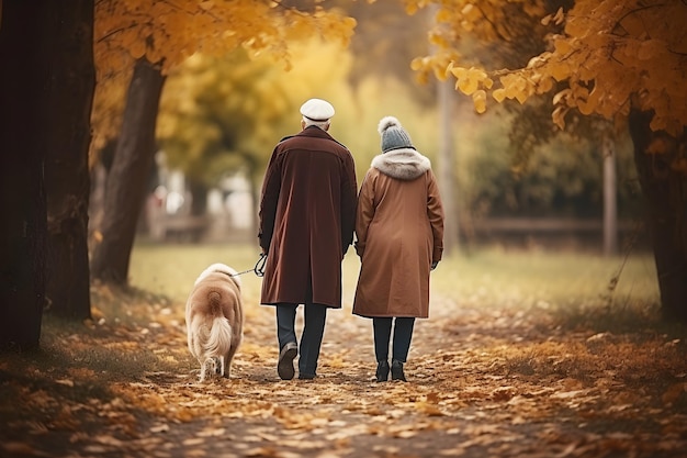 Ein altes Paar, das im Herbst mit einem Hund in einem Park spazieren geht, ai generative Illustration