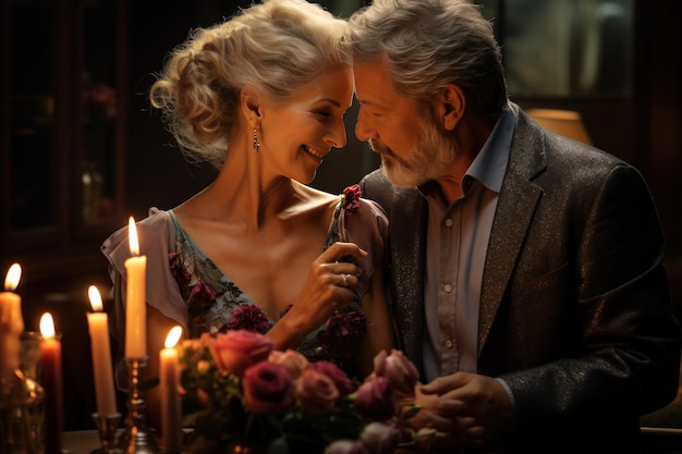 ein altes Paar küsst sich beim Abendessen mit Rosen und Kerzen