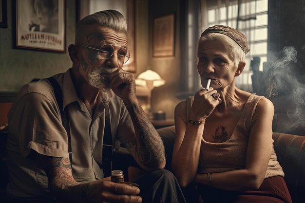 Ein altes Paar raucht Zigaretten und entspannt sich auf der Couch in einem Vintage-Zimmer