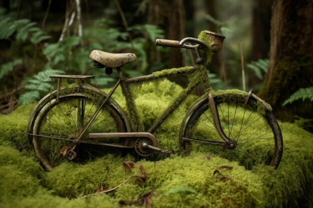 Ein altes, rostiges Fahrrad, das mit Moos bedeckt ist