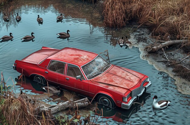 Ein altes rotes Auto in einem sumpfigen Teich versenkt