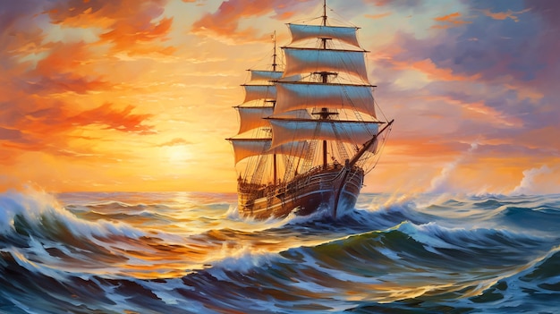 ein altes Schiff segelt im Meerwasser mit Sonnenuntergang als Hintergrund