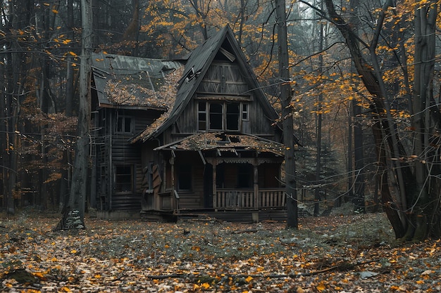 Foto ein altes verlassenes gebrochenes holzhaus mitten im wald, das an einen westernfilm erinnert. geister sind zentral im horrorkonzept.