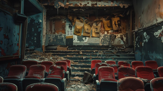 Ein altes verlassenes Theater mit roten Samtsitzen die Sitze sind mit Staub und Spinnweben bedeckt die Bühne ist leer und die Wände nackt