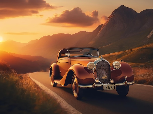 Ein altmodisches Vintage-Auto fährt bei Sonnenuntergang durch die malerische Berglandschaft