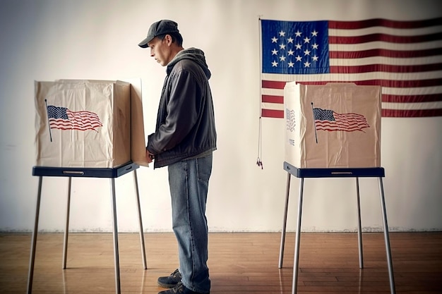 Ein Amerikaner aus einer ländlichen Gegend gibt seine Stimme in einem von Ai generierten Wahllokal ab