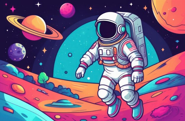 Ein amerikanischer Astronaut in einem Raumanzug geht auf der Oberfläche des Planeten Cosmonautics Day