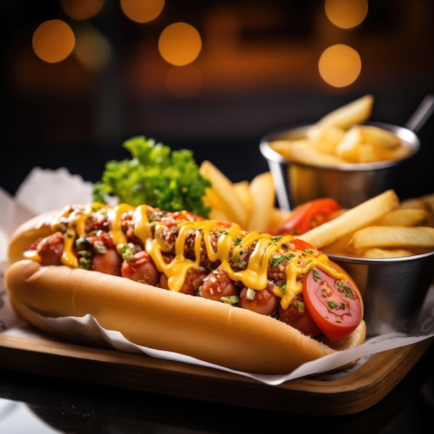 Ein amerikanischer Hot Dog mit einer Portion Pommes frites verschwommenes Restaurant im Hintergrund