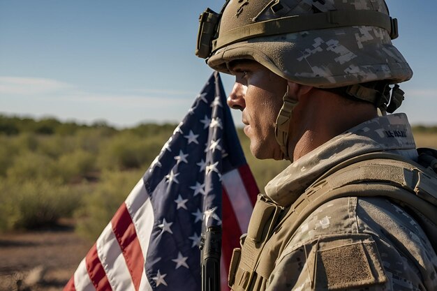 Ein amerikanischer Soldat mit einer amerikanischen Flagge in der Hand schaut in das klare Wetter für den Tag der Wiederherstellung