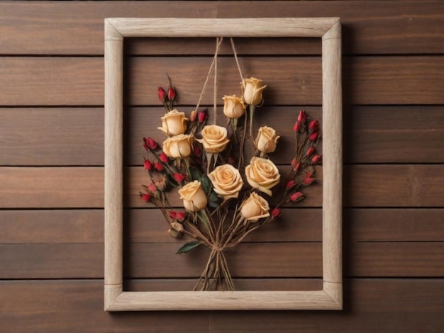 Ein an der Wand hängender Holzrahmen mit getrockneten oder künstlichen Rosen, die darin angeordnet sind, verleiht dem Hintergrund eine rustikale und natürliche Ästhetik.