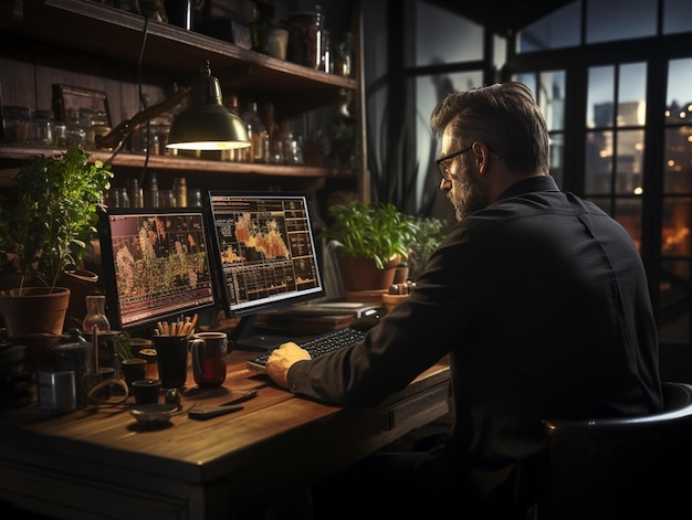 Ein Analyst arbeitet in seinem Laptop mit Graphen und Figuren auf seinem Schreibtisch
