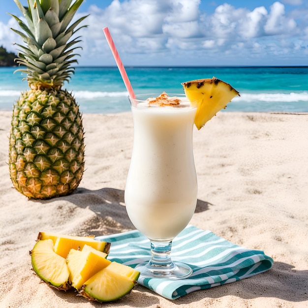 Ein Ananasgetränk am Strand mit Obst und blauem Himmel als Hintergrund