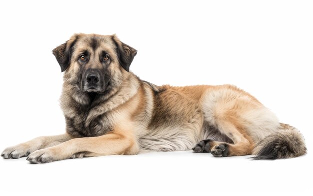 Ein anatolischer Schäferhund legt seinen intelligenten Blick und seinen mächtigen Körperbau nieder, der eine ruhige Stärke vermittelt. Das braune und schwarze Fell des Hundes ist sowohl auffallend als auch üppig.