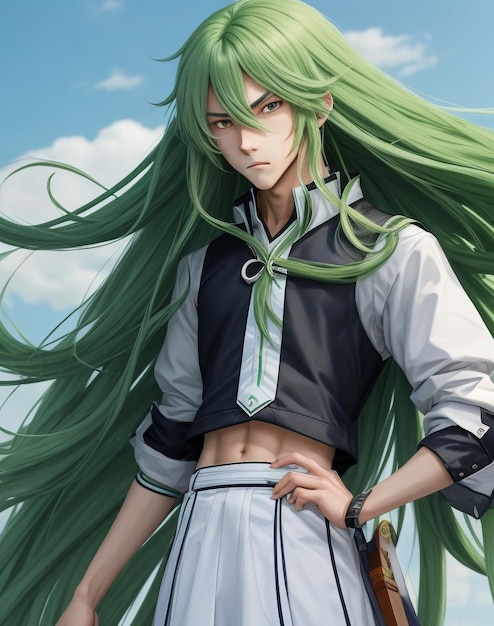 Ein Anime-Junge mit langen, wallenden grünen Haaren