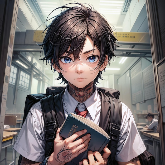 ein Anime-Junge mit schwarzen Haaren und blauen Augen, der in der Schule einen Rucksack trägt