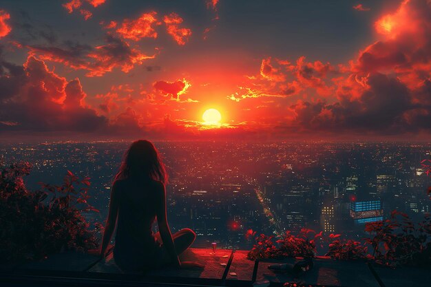 Ein Anime-Mädchen beobachtet die Stadt beim Sonnenuntergang