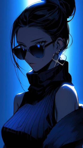 ein Anime-Mädchen in Blau mit Sonnenbrille