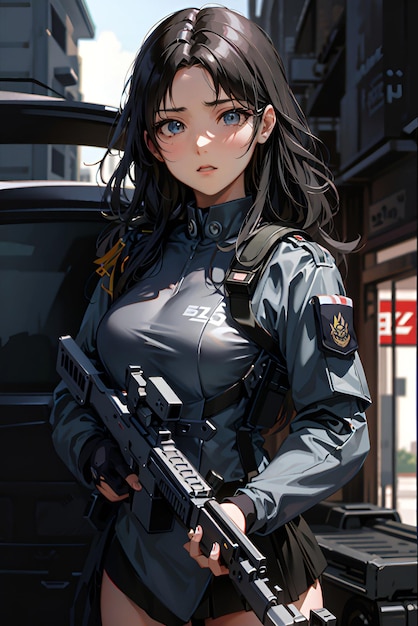 Ein Anime-Mädchen in einer SWAT-Polizeiuniform mit einem Maschinengewehr