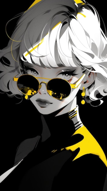 ein Anime-Mädchen in Gelb mit Sonnenbrille