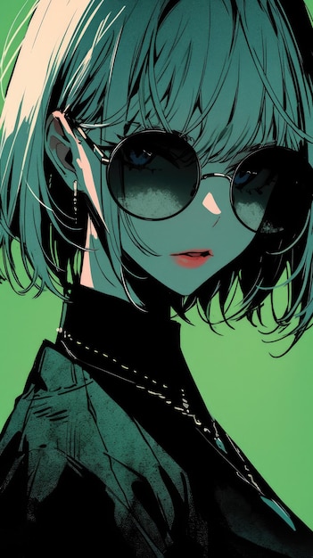 ein Anime-Mädchen in Mint mit Sonnenbrille