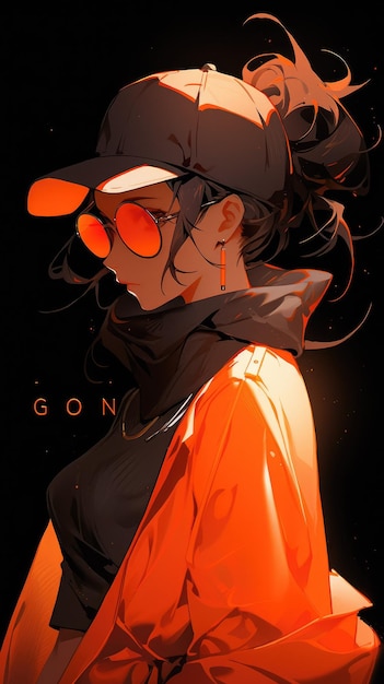 ein Anime-Mädchen in Orange mit Sonnenbrille