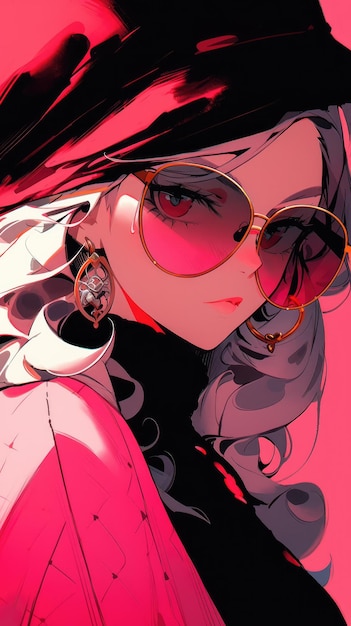 ein Anime-Mädchen in Pink mit Sonnenbrille