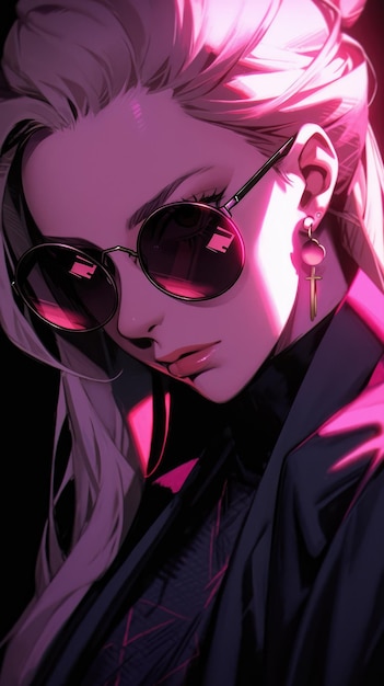 ein Anime-Mädchen in Pink mit Sonnenbrille