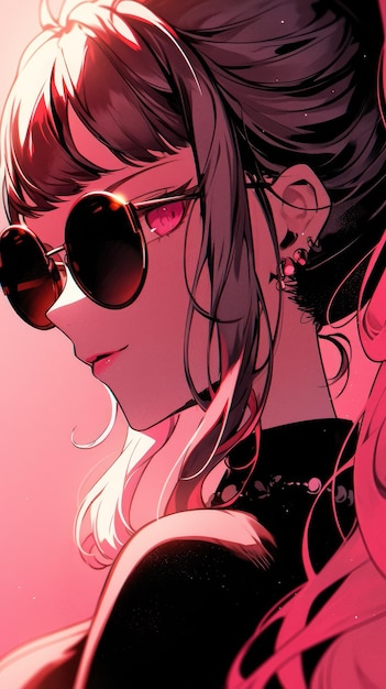 ein Anime-Mädchen in Pink mit Sonnenbrille