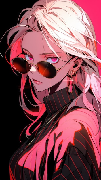 ein Anime-Mädchen in Pink mit Sonnenbrille