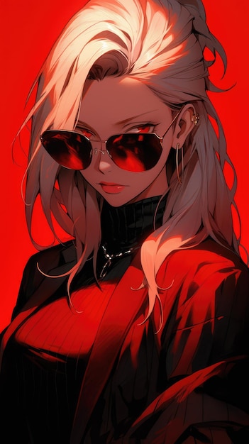ein Anime-Mädchen in Rot mit Sonnenbrille