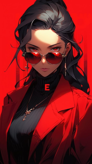 ein Anime-Mädchen in Rot mit Sonnenbrille
