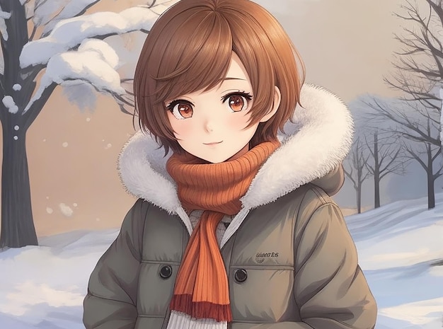 Ein Anime-Mädchen mit kurzen Haaren, das Winterkleidung trägt