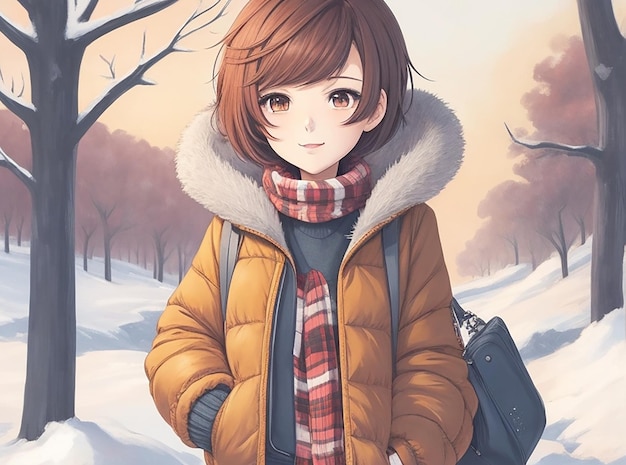 Ein Anime-Mädchen mit kurzen Haaren, das Winterkleidung trägt